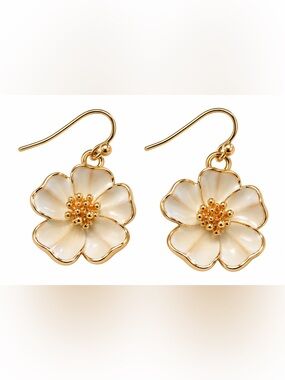Ivory Enamel Flower Gold Tone Dangle Earrings Floral Statement